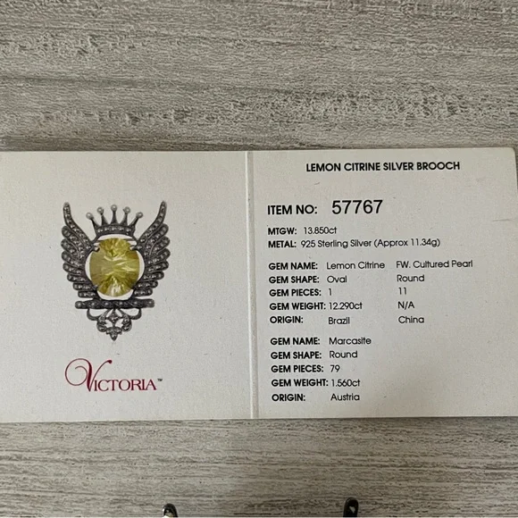 Lemon Citrine Marcasite and Pearl Sterling Silver Brooch - Picture 4 of 8